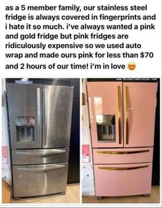 the refrigerator is pink and has gold trim