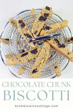 chocolate chunk biscotti on a glass plate