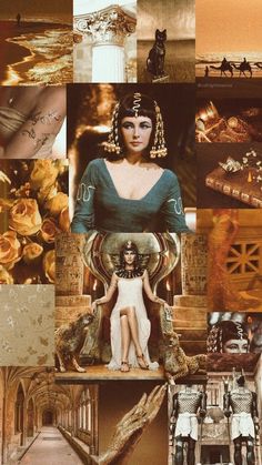 a collage of pictures with different people and animals in them, including an egyptian woman sitting on a chair