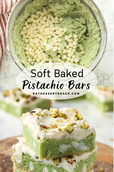 three pieces of green cake with white frosting and pistachio bars on top