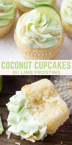 coconut cupcakes with lime frosting on top and in the background, there is a bite taken out of one