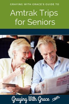 an older man and woman sitting at a table looking at a tablet with text overlaying the image