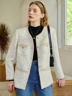 Julissa Vintage Braided Tweed Jacket – Simple Retro Long Sleeve Tweed Jacket With Pockets For Office, Long Sleeve Tweed Jacket For Office, Office Long Sleeve Tweed Jacket With Pockets, Winter Office Tweed Jacket With Pockets, Winter Tweed Jacket With Pockets For Office, Beige Long Sleeve Tweed Jacket With Patch Pockets, Office Tweed Outerwear With Pockets, Casual Beige Tweed Jacket With Pockets, Office Tweed Blazer With Pockets