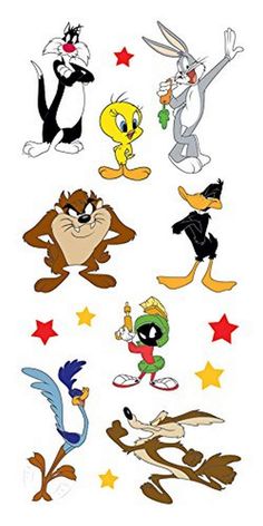 various cartoon characters with stars in the background and one has an angry bird on it