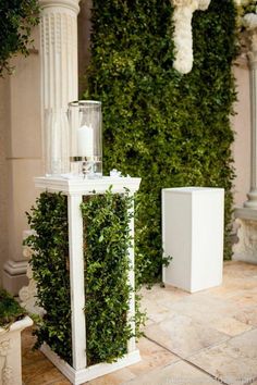 a white table topped with a vase filled with flowers next to a tall green plant