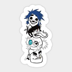 a cartoon character with blue hair and two other characters on the same sticker,