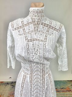 Antique Victorian Edwardian White Cotton Dress  Lace Floral Embroidery Polkadot  | eBay 1890s Nightgown, Edwardian Fashion Women, White Victorian Dress, High Neck Lace Blouse, Antique Lace Dress, Vintage Crochet Dresses, Fabric Crochet, Edwardian Dress, Eyelet Fabric