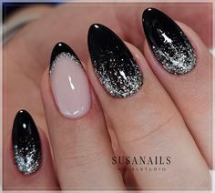 New Years Nail Designs Black And Silver, Black Sparkle Christmas Nails, Nails Black Glitter Silver, Black Nail Designs Sparkle, Black And Silver Nail Designs Ideas, Black Tips Almond Nails, Christmas Nails Black And Silver, Black Glitter Christmas Nails, Nail Ideas For A Black Dress