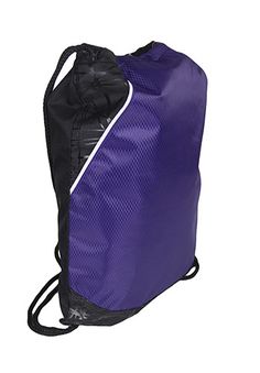 a purple and black drawsack bag with white trims on the bottom, side view