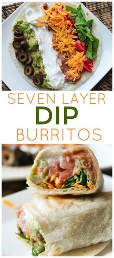 several different types of burritos with the words seven layer dip burritos