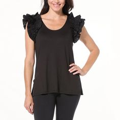 C Wonder by Christian Siriano Ruffle Sleeve Tee It's your favorite tee... on a flirty streak. Poplin ruffle sleeves give this top a playful feeling that's so fun to wear. Mix and mingle with just about any jean, pant or skirt for a cute and coquettish update to your t-shirt looks. Christian Siriano, Hair Fragrance, Draped Fabric, Ruffle Sleeves, Beautiful Fashion, Workout Tops, Black Tee, Fashion Clothes Women, Womens Tops