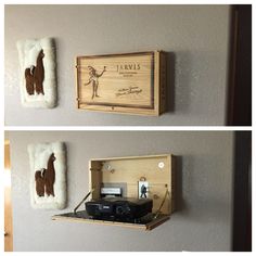 two wooden boxes with labels on them are hanging on the wall