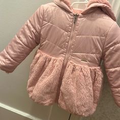 Reversible Fur Coat Worn 3 Times Brand New Condition! Hooded Winter Outerwear For Playwear, Long Sleeve Outerwear With Pockets For Play, Cute Winter Outerwear For Playwear, Cute Outerwear With Fleece Lining For Cold Weather, Cute Winter Playwear Outerwear, Pink Outerwear For Playwear In Fall, Pink Fall Outerwear For Playwear, Pink Outerwear For Fall Playwear, Pink Long Sleeve Outerwear For Playwear