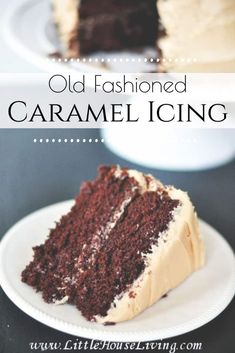 an old fashioned caramel icing cake on a white plate with a slice missing