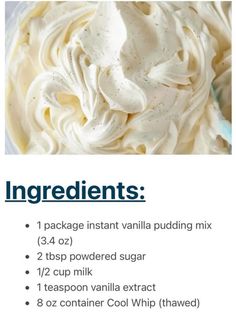 ingredients for whipped cream in a bowl with the text ingredients on top and below it