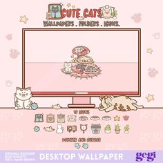 a desktop computer screen with cats and other items on it