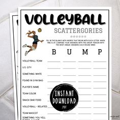 volleyball scattergories printables are on the wall next to each other