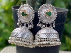 Silver Jhumka with quartz stone and pearl strings Heavy Jhumkas For Rituals And Festivals, Chandbali Ritual Jhumkas, Heavy Jhumkas For Festive Rituals, Heavy Chandbali Jhumkas For Rituals, Festival Earrings With Stone Work For Rituals, Bohemian Chandbali Jhumkas With Stone Work, Heavy Jhumkas For Diwali Rituals, Fusion Style Chandbalis With Latkans For Festivals, Festive Bohemian Chandbalis With Stone Work