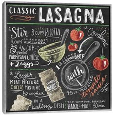 a chalkboard with the words lasagna written in different languages and ingredients on it