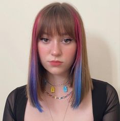 Two Strands Dyed Hair, Colourful Streaks Hair, Hair Dye Ideas For Bangs, Random Dyed Hair Strands, Hair With Dyed Streaks, Strand Of Hair Dyed, Dyed Side Bangs, Colorful Streaks In Hair, Streak Hair Dye