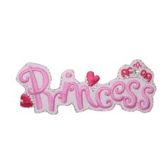 the word princess with hearts and bows on it is embroidered onto an iron - on patch