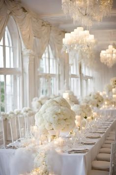 a long table with white flowers and candles