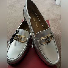 Brand New Rolo Silver Calf Learher Gold And Silver Hardware Beautiful Comfortable Elegant Reversible Metal Buckle With One Side Silver And One Side Gold Slip On Leather Upper Leather Insole Leather Soles Made In Italy Composition: 100% Calf Classic Silver Loafers For Galas, Chic Silver Loafers With Round Toe, Chic Silver Round Toe Loafers, Chic Silver Slip-on Loafers, Luxury Silver Loafers With Round Toe, Chic Silver Loafers With Flat Heel, Elegant Flat Moccasins For Galas, Elegant Silver Almond Toe Loafers, Silver Leather Flat Loafers