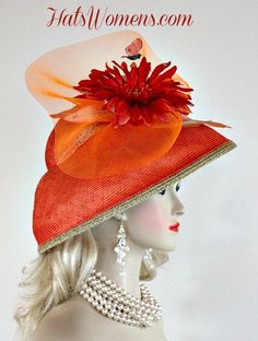 "Ladies Coral Orange Gold Fine Straw Wide Brim Formal Fashion Kentucky Derby Designer Hat With A Large Expensive Millinery Flower. This Custom Made Women's Designer Coral Orange Hat Is Outlined In Metallic Gold Trim Around The Wide Brim. This Formal Spring Hat Is Embellished With A Large Classic Orange Sheer Horsehair Crinoline Bow, Enhanced With A Large Orange Silk Millinery Flower, Accented With Vintage Silk Millinery Leaves. A Handmade Wooden Feather Butterfly Is Placed On Top Of The Flower. Straw Lampshade, Feather Butterfly, Wooden Feather, Special Occasion Hats, Mother Of The Bride Hats, Gold Straws, Spring Hat, Custom Made Hats, Church Weddings