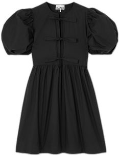 Chic Mini Dress With Bow For Daywear, Chic Bow Mini Dress For Daywear, Spring Mini Dress With Puff Sleeves And Bow, Spring Puff Sleeve Dress With Bow, Chic Mini Dress With Puff Sleeves And Bow, Flat Dress Shoes, Dress Flats, Gathered Skirt, Puffed Sleeves