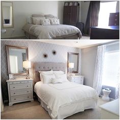 two pictures of a bedroom with white bedding and gray walls, one has a large mirror on the wall