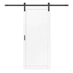 an open white door with black hardware on the bottom and side bars, against a white background