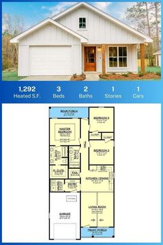 the floor plan for a small house with two car garages and an attached porch