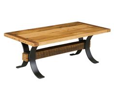 a wooden table sitting on top of a metal frame