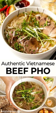 two pictures with different types of beef pho soup in them and the text authentic vietnamese beef pho