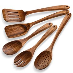 six wooden utensils are lined up in the shape of spoons and spatulas