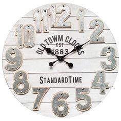 a white clock with numbers and letters on it