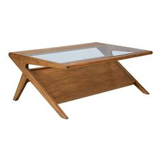 a coffee table with glass top and wooden frame on the bottom, against a white background