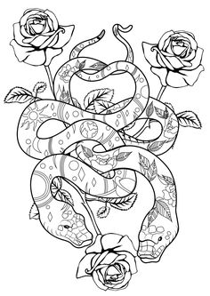 a snake with roses on it coloring page