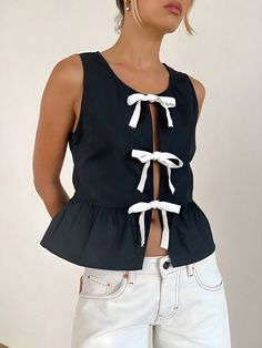 Women's Color Block Lace-Up Front Sleeveless Simple Casual Top Black Casual  Sleeveless Knitted Fabric Colorblock,Plain  Non-Stretch  Women Clothing, size features are:Bust: ,Length: ,Sleeve Length: Different Top Styles, Vietnam Clothes, White Bow Tie, Summer Sewing, Autumn Wardrobe, Party Dress Long Sleeve, Bandeau Dress, Shoe Black