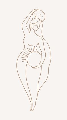 a line drawing of a pregnant woman holding a ball in her right hand and looking down