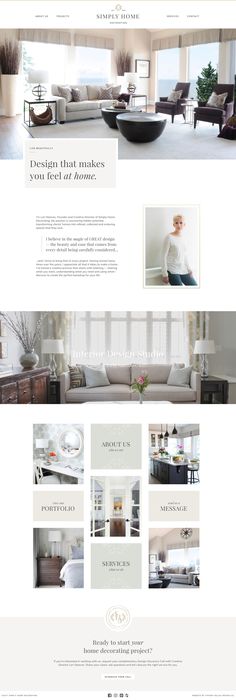 the interior design website is displayed in white and gray colors, with an open concept