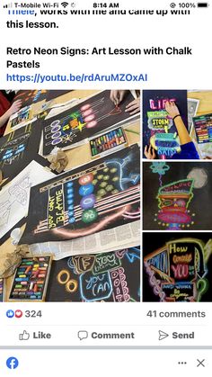 an instagram page with photos of neon signs on it and the caption reads, retro neon signs art lesson with chalk pastels