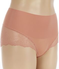 From Spanx&#x2C; this panty features:non-show lace fabrication elastic-free edgescomfortable smoothing at the bonded waistbandbody & lace of nylon/spandex; gusset of cottonmachine washImported. Pink Lace Bottoms With Contrast Lace, Shaping Brief Bottoms With Lace Trim, Fitted Full Coverage Shapewear With Lace Trim, Fitted Full Coverage Bottoms With Lace Trim, Fitted Lace Trim Full Coverage Bottoms, Fitted Lace Trim Bottoms With Full Coverage, Fitted Bottoms With Lace Trim And Full Coverage, Stretch Bottoms With Full Coverage And Partial Lining, Fitted Lace Bottoms With Full Coverage