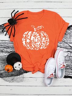 Simple Halloween Pumpkin Print Casual T-Shirt Orange   Short Sleeve Knitted Fabric   Slight Stretch  Women Clothing, size features are:Bust: ,Length: ,Sleeve Length: Kids Dress Up, Ankle Socks Women, Orange Shirt, Womens Baseball Cap, Casual Hat, Black Party