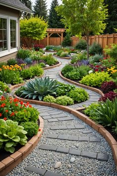 a garden with lots of flowers and plants in it