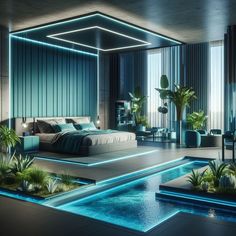 a bedroom with a pool in the middle and lots of greenery on the floor