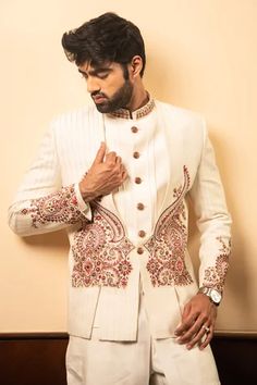 Shop for Soniya G Off White Handloom Silk Floral Embellished Layered Bandhgala Set for Men Online at Aza Fashions Kurta Koti, Indian Wedding Suits Men, Indian Wedding Clothes For Men, Indian Groom Wear, Haldi Outfit, Kurta Patterns, Wedding Outfit Men, Embellished Collar, Kurta Neck Design