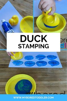 a child's hand is pouring water into a yellow duck stamping tray with blue stamps on it