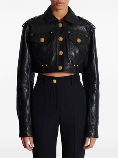 Balmain Quilted Leather Cropped Jacket - Farfetch Luxury Outerwear, Cropped Leather Jacket, Denim T Shirt, Wardrobe Edit, Leather Jacket Black, Exclusive Fashion, Cropped Jacket, Quilted Leather, Crop Jacket