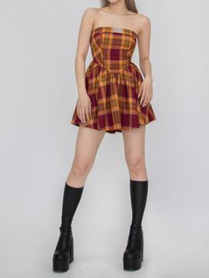 Price for the dress only.   	 		 			Size 			XS 			S 			M 			L 		 		 			Full Length 			60.2 			60.5 			60.8 			61.1 		 		 			Bust 			72.5 			75 			77.5 			80 		 		 			Waist 			55.5 			58 			60.5 			63 Spice Girls, Red Plaid, Plaid Pattern, Strapless Dress, The Dress, Full Length, Plaid, Yellow, Red